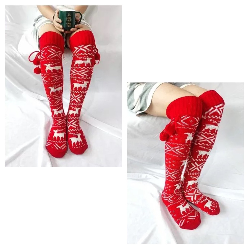Sexy Over the Knee Red Knit Reindeer Snowflake Socks with Pom Poms - Picture 3 of 15